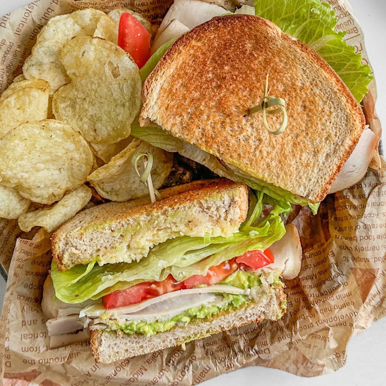 Taste of Home Turkey Avocado Sandwich on a parchment lined metal plate with potato chips