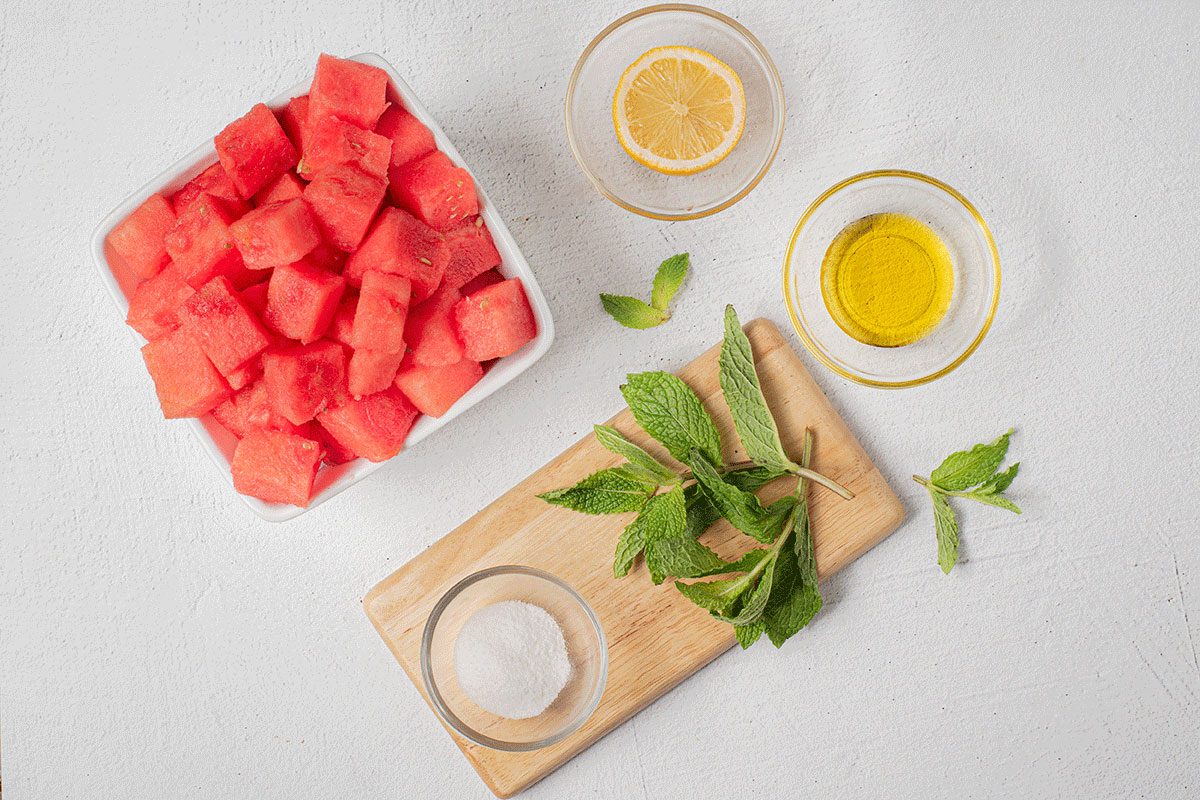 Watermelon Mint Salad by Taste of Home All Ingredients, lemon, olive oil, mint, watermelon