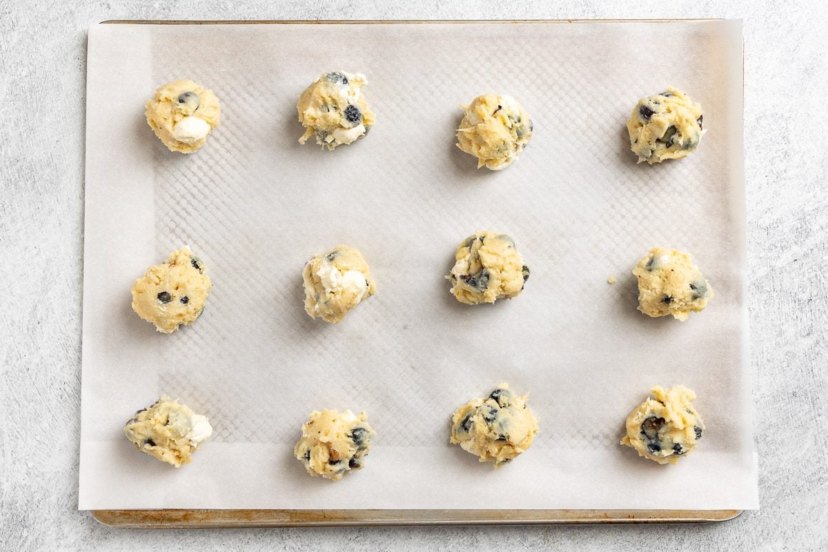 Taste of Home Blueberry Cheesecake Cookies photo of the cookies formed on a baking sheet.