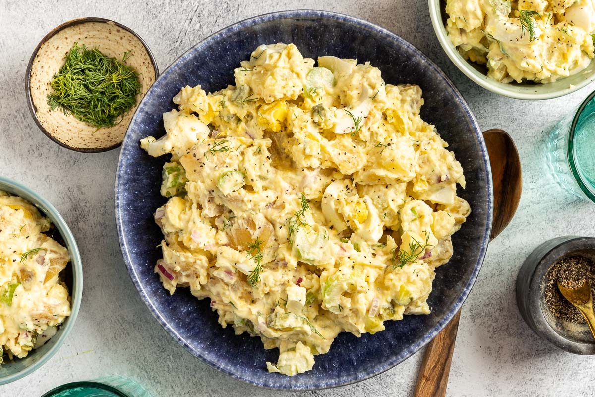 Taste of Home Instant Pot Potato Salad photo of the finished recipe in a serving bowl.