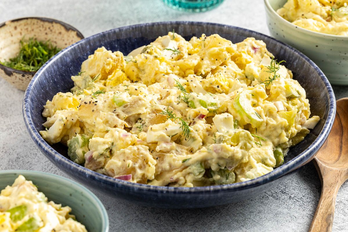 Taste of Home Instant Pot Potato Salad photo of the finished recipe in a serving bowl.