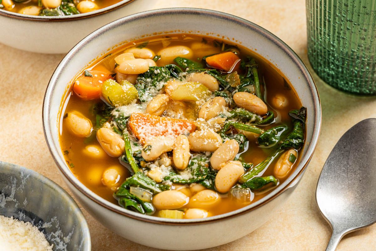 Taste of Home White Bean Soup photo of the finished soup served into bowls.